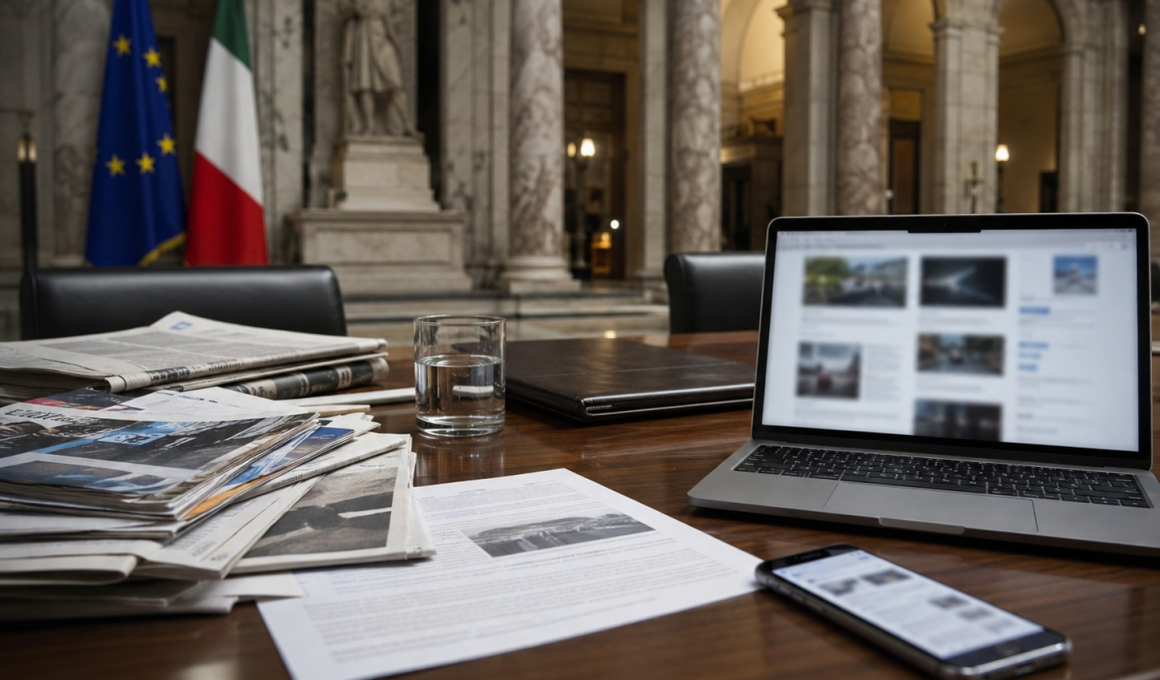 Redazione digitale con schermi e dati online, simbolo del rapporto tra editori e piattaforme sull’equo compenso.